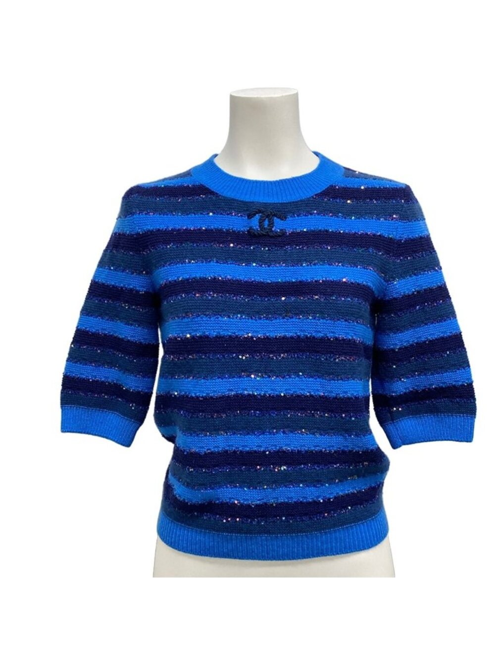Chanel Short Sleeve Sweater Blue Dark Navy Green Cashmere